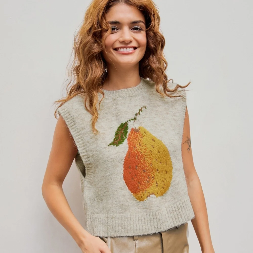 KNIT WOOL-BLEND ROUND NECKLINE PEAR GRAPHIC VEST Women's Small - Picture 1 of 11